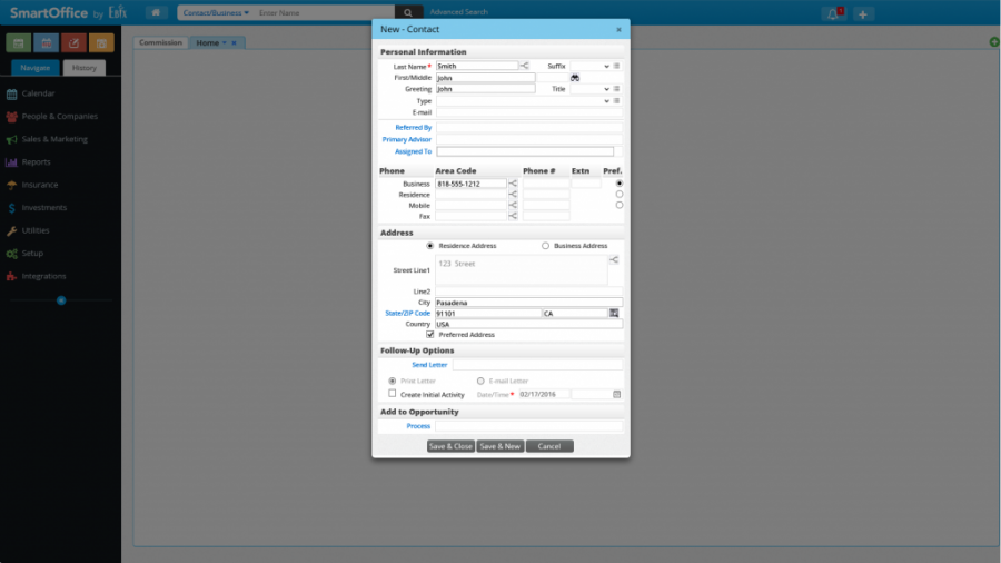 SmartOfficeNew Contact screen with data